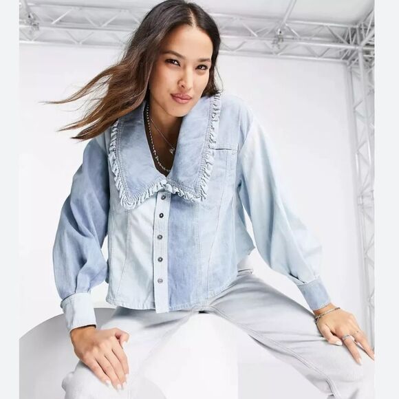 Free people Daisy Baby Button Down Denim Shirt Light Blue Small